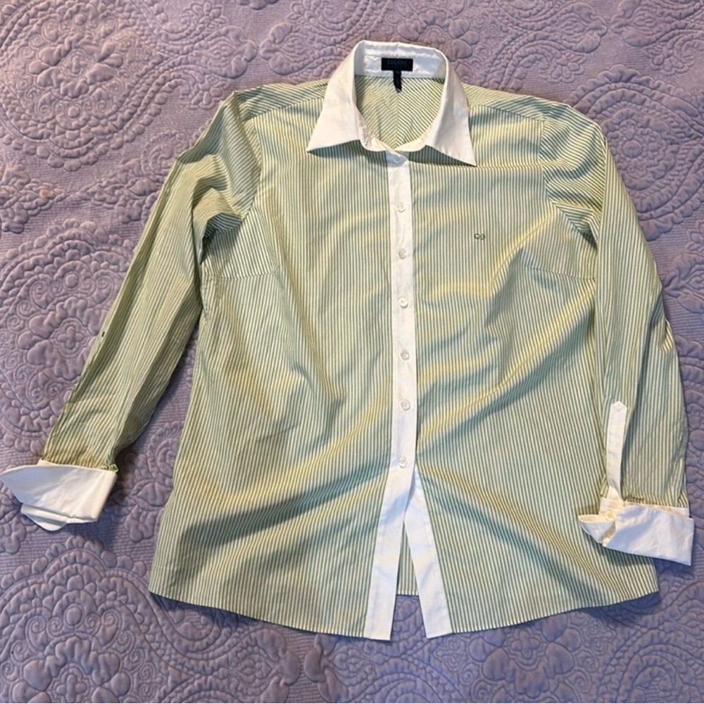 ESCADA stripped light green/ white button down long sleeve shirt. Size L